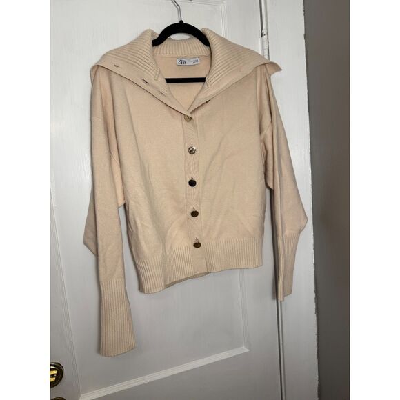 Zara Cream Gold Button Cardigan Sweater with Sailor Collar - Picture 1 of 3